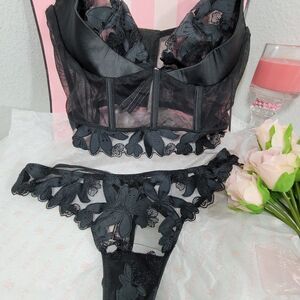 1446 VICTORIA'S SECRET EMBROIDERED UNLINED BLACK LONG LINE BRA SET 34 C - S